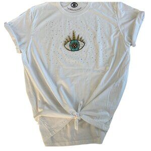 Lux Sequins Crystal Evil Eye Oversized T-Shirt Tie Front Women's VS